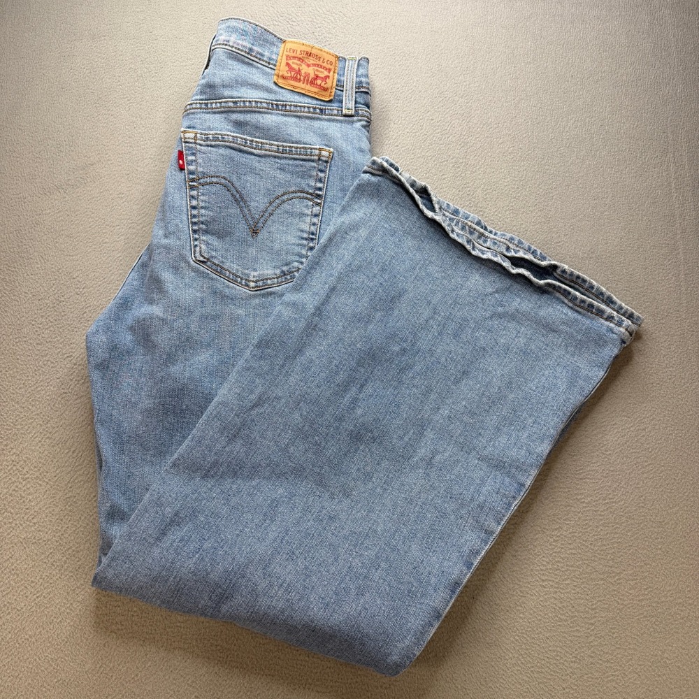 Levis Ribcage Bell Jeans Womens 31 Blue Cotton Blend High Rise Distressed Flare